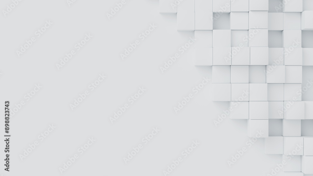 White cubes with random size on white backdrop. A place for text on the left. Abstract 3d render illustration geometrical concept background. White cubes with random size on white backdrop. A place for text on the left. Abstract 3d render illustration geometrical concept background.