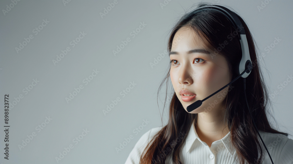 Promote our advanced conference call system, with an Asian girl using the system on a light gray background. Promote our advanced conference call system, with an Asian girl using the system on a light gray background.