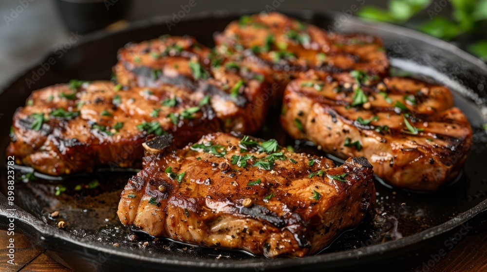 Grilled pork steaks served on a black plate with fresh herbs Grilled pork steaks served on a black plate with fresh herbs