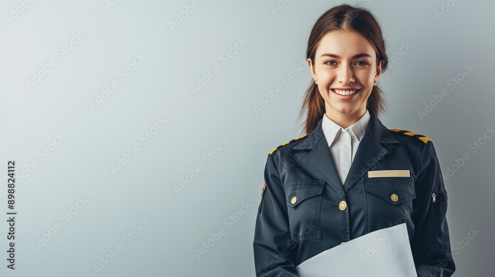 Portrait of a smiling female pilot in uniform, holding a flight plan on a plain light gray background. Portrait of a smiling female pilot in uniform, holding a flight plan on a plain light gray background.
