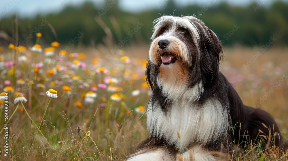 Bearded collie sitting among wildflowers in a sunny meadow Bearded collie sitting among wildflowers in a sunny meadow
