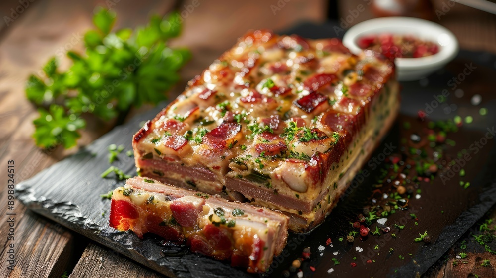 Traditional french terrine with bacon served on slate platter Traditional french terrine with bacon served on slate platter