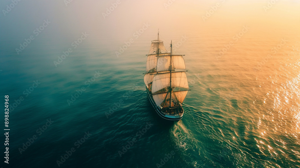 Naklejka premium A sailing boat or pirate ship with white multiple masts sailing on a calm and green ocean; an aerial top view at sunset 