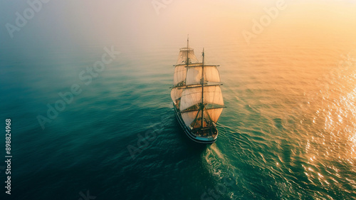 A sailing boat or pirate ship with white multiple masts sailing on a calm and green ocean; an aerial top view at sunset 