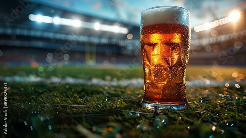 Fresh beer on a football field during a sunny match day photo