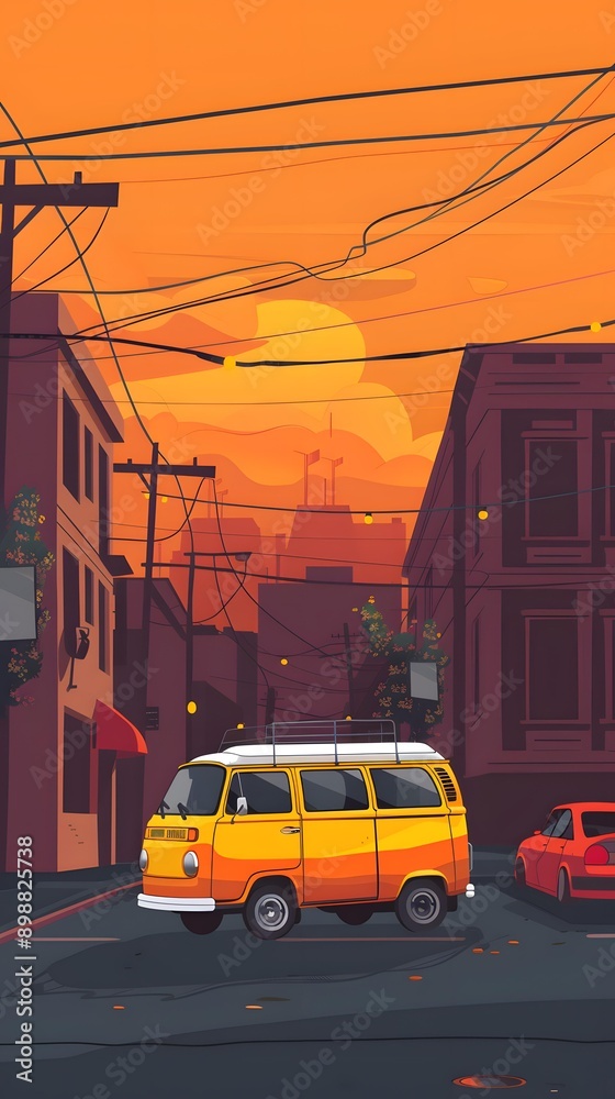 Obraz premium Sunset Cityscape with Yellow Van