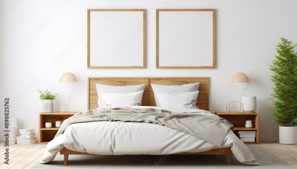 Naklejka premium Bright Scandinavian bedroom white walls with empty frame