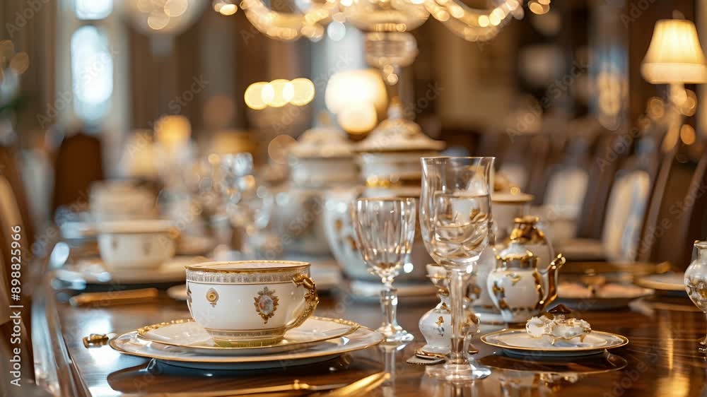 A luxurious dining room with a grand chandelier above showcasing a gorgeous display of fine china on a long wooden table.