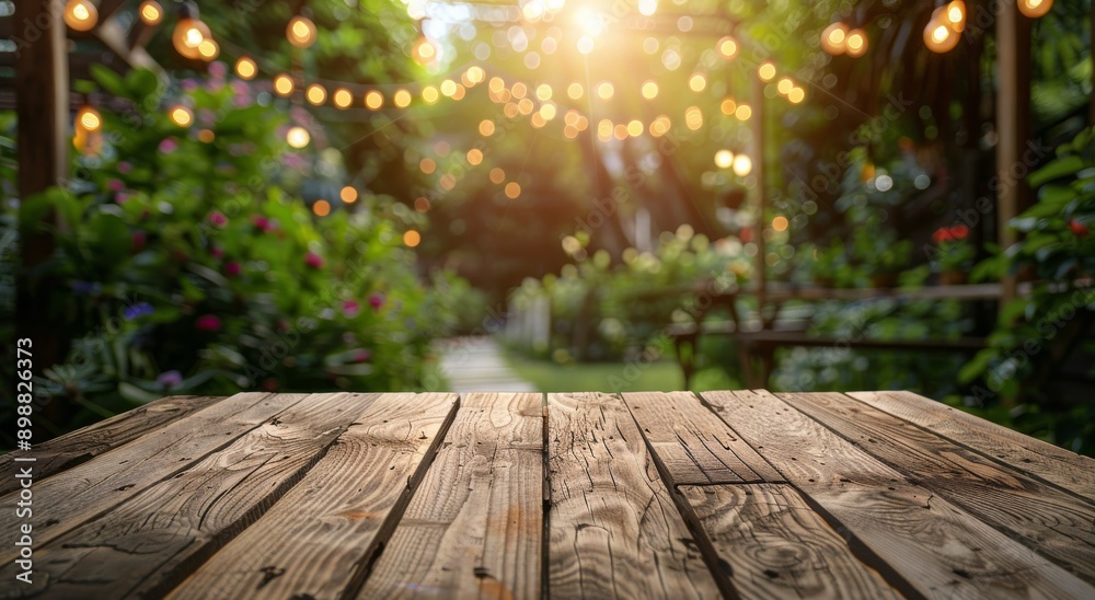 Wooden Tabletop With String Lights in Evening Garden Wooden Tabletop With String Lights in Evening Garden