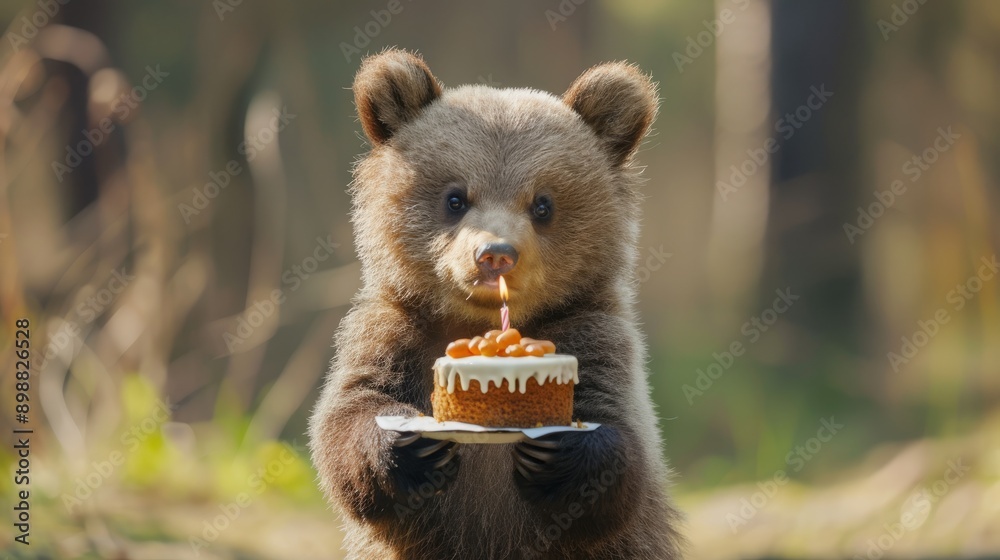 Adorable baby bear celebrating birthday with cake in forest Adorable baby bear celebrating birthday with cake in forest