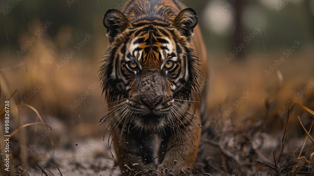 Fototapeta Sumatran tiger covered in mud strolling through the wetland at dusk