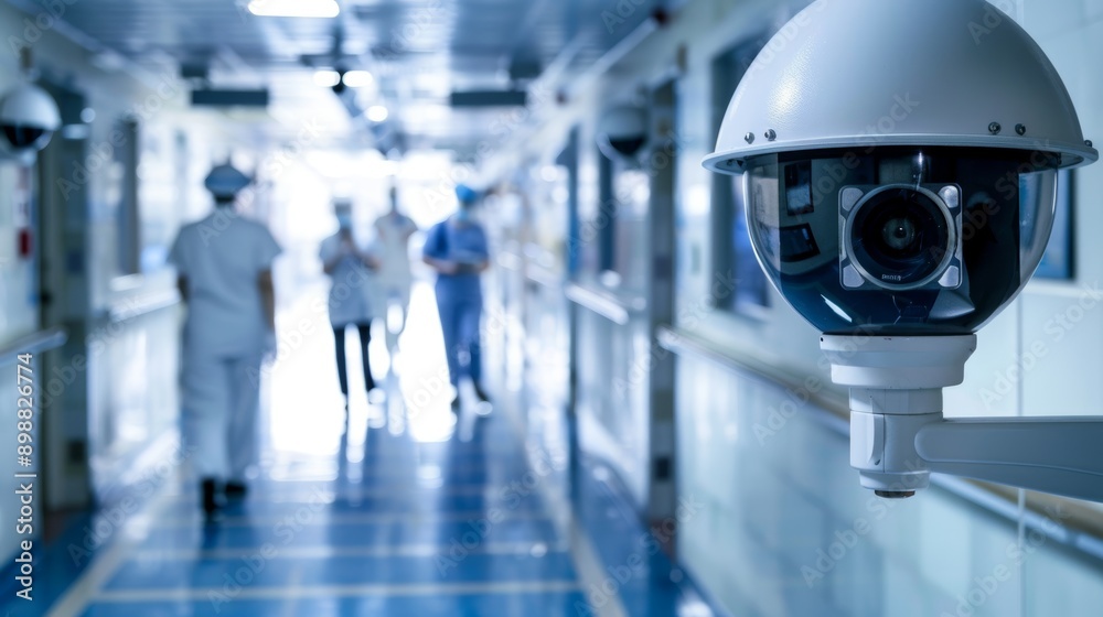 Hospital Corridor with Surveillance Camera Ensuring Security and Safety for Medical Staff and Patients Hospital Corridor with Surveillance Camera Ensuring Security and Safety for Medical Staff and Patients