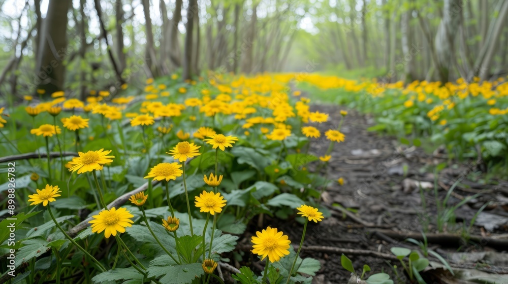 Obraz premium Yellow gagea lutea blooms flourish along woodland path in spring