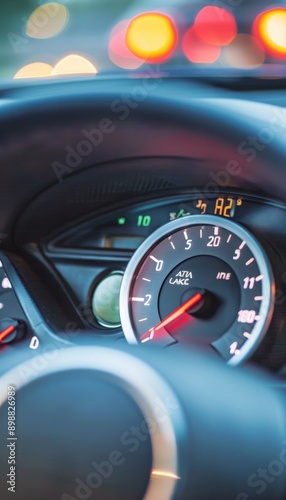 Empty Fuel Gauge on Car Dashboard with Blurred Traffic in Background - Concept of Low Fuel © spyrakot