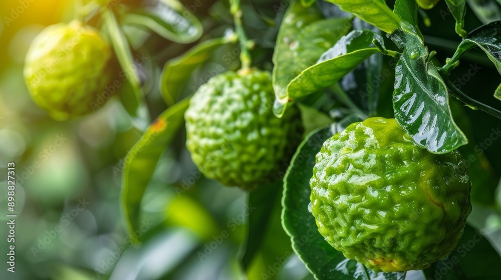 Fresh bergamot fruits hanging from lush green tree branches Fresh bergamot fruits hanging from lush green tree branches