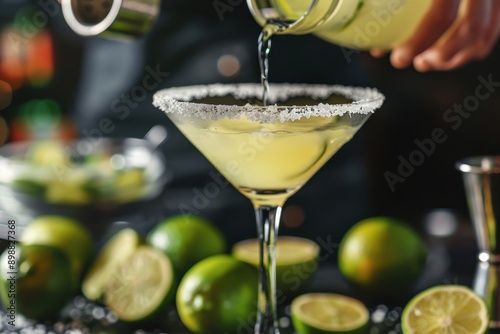 Bartender preparing margarita with salt in martini glass