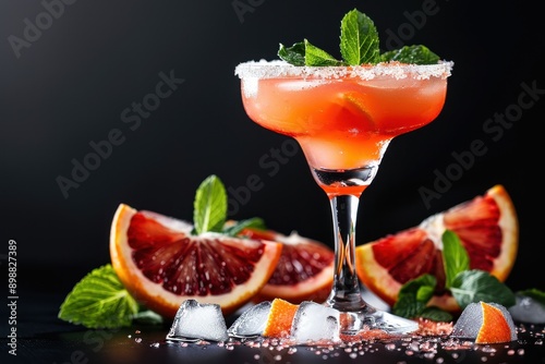 Blood orange and mint margarita cocktail with ice on black background