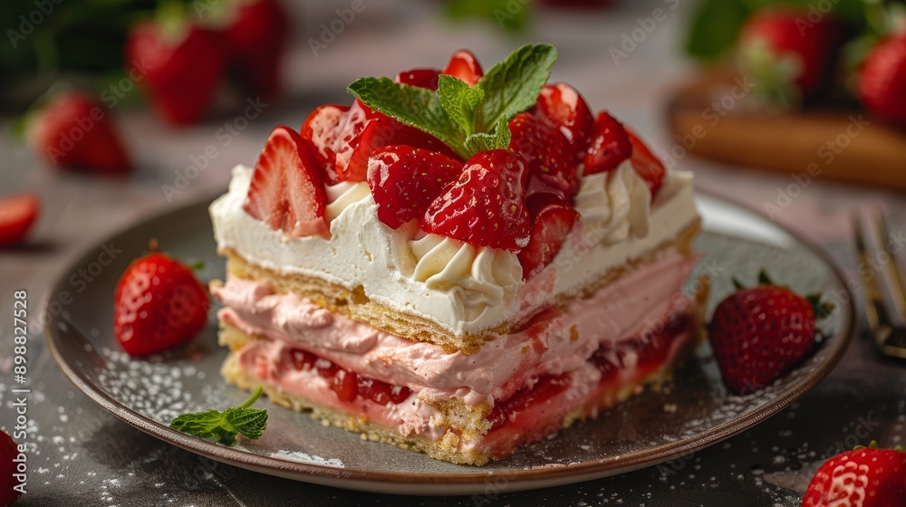 Creamy strawberry pastry layers served on a plate with fresh mint garnish and berries Creamy strawberry pastry layers served on a plate with fresh mint garnish and berries