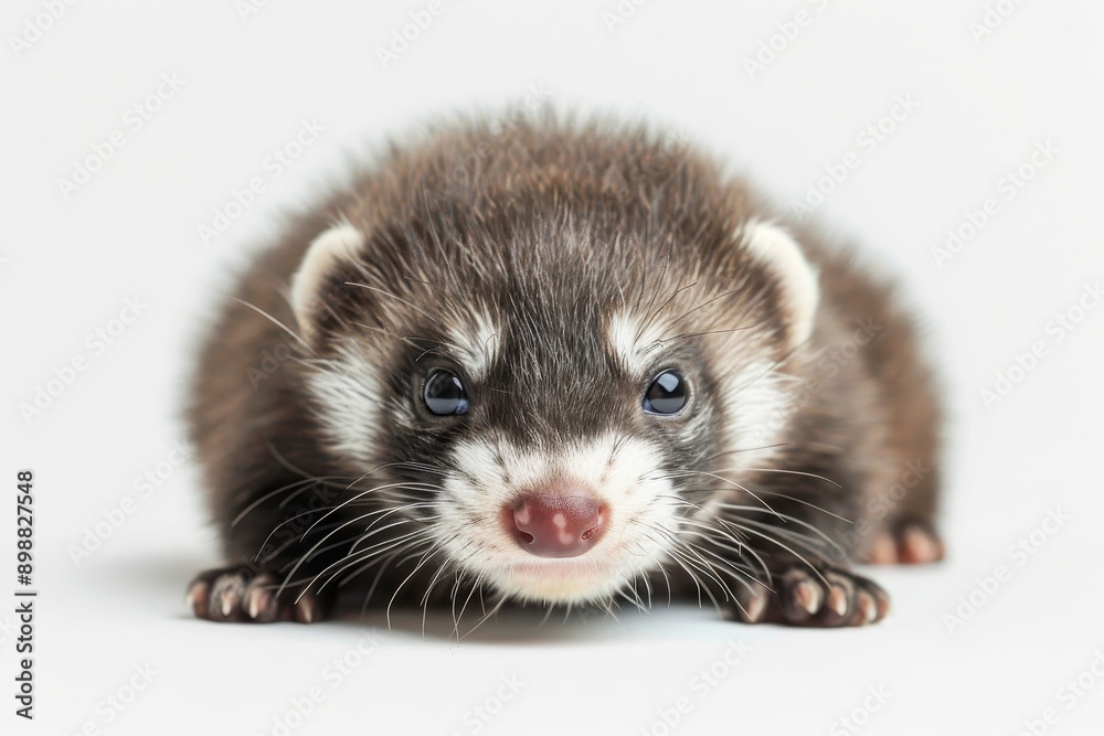 Close up of a ferret puppy on white background with a baby animal theme Close up of a ferret puppy on white background with a baby animal theme