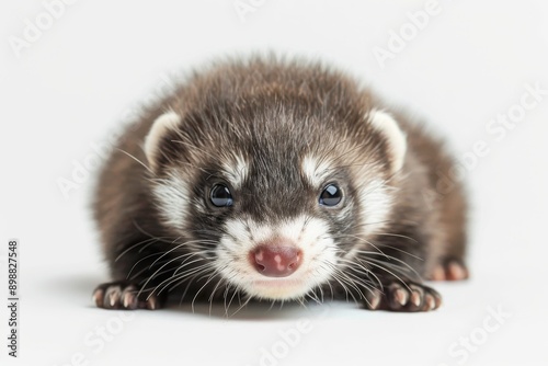 Close up of a ferret puppy on white background with a baby animal theme