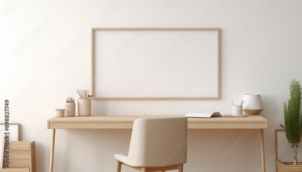 Obraz premium Bright Scandinavian home office white walls with empty frame