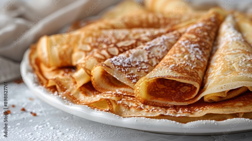 Delicious crepes filled with sweet filling on a white dish ready for enjoyment Delicious crepes filled with sweet filling on a white dish ready for enjoyment