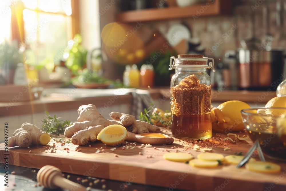 Rustic Kitchen Herbal Remedies: Ginger, Honey, Lemon Spread for Natural Wellness