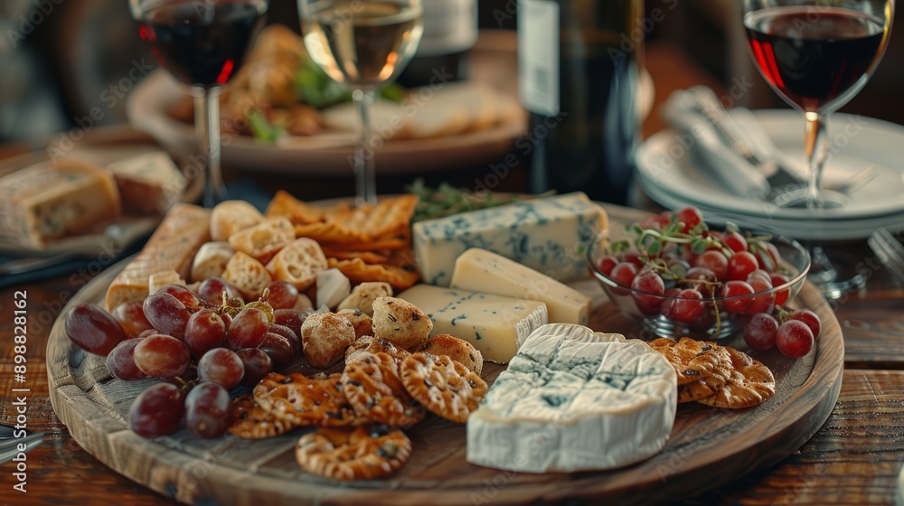 Wine and cheese tasting with assorted snacks at a rustic setting Wine and cheese tasting with assorted snacks at a rustic setting