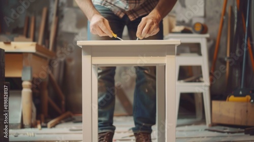 A carpenter builds a small table