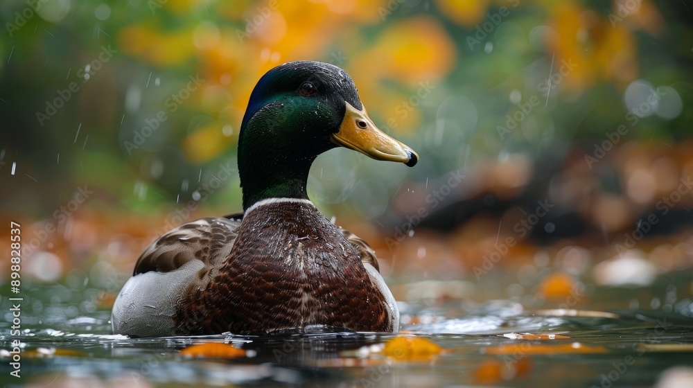 Duck swimming in autumn pond at bird sanctuary Duck swimming in autumn pond at bird sanctuary