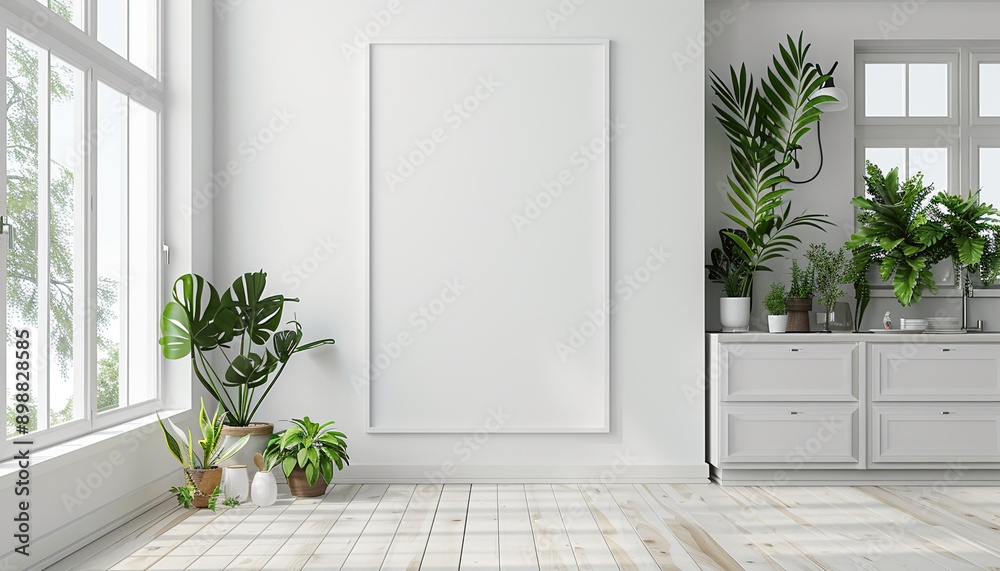Fototapeta premium Bright Scandinavian kitchen white walls with empty frame
