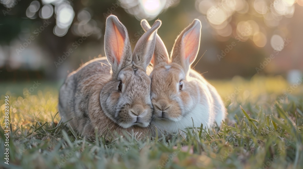 Fototapeta premium Two adorable bunnies enjoying a sunny afternoon in a green meadow