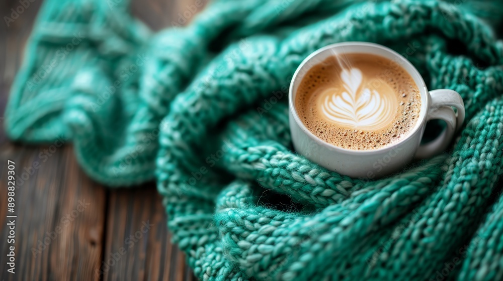 Steaming coffee cup on cozy knit throw captured from above Steaming coffee cup on cozy knit throw captured from above