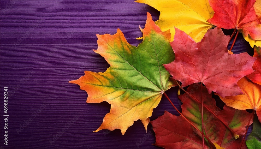 Close-up of colorful autumn leaves in green, yellow, orange, and red hues on a purple background, showcasing the beauty of fall Close-up of colorful autumn leaves in green, yellow, orange, and red hues on a purple background, showcasing the beauty of fall
