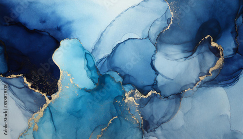 Abstract Fluid Art in Blue Tones with Gold Accents. Ethereal Watercolor Texture with Gentle Flowing Patterns and Delicate Metallic Highlights photo