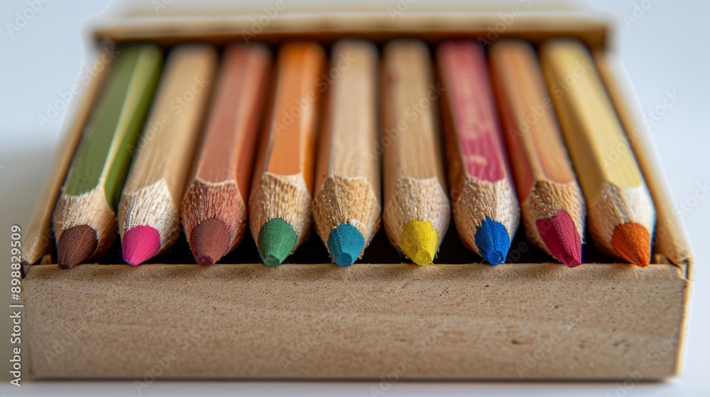 Colored pencils arranged neatly in cardboard container on white background Colored pencils arranged neatly in cardboard container on white background