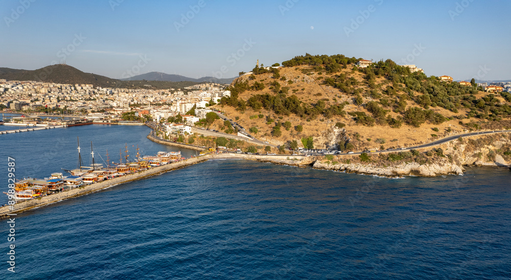Kusadasi, Aydin, Turkey. Kusadasi is a touristic beach resort town on Turkey. Aerial view of Kusadasi. Kusadasi, Aydin, Turkey. Kusadasi is a touristic beach resort town on Turkey. Aerial view of Kusadasi.