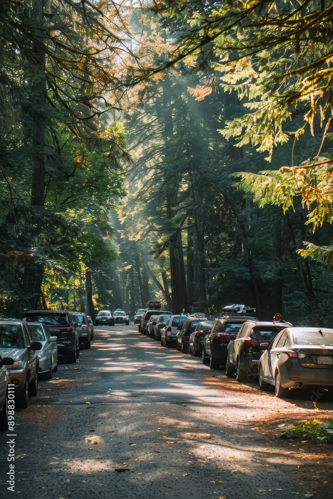 Obraz premium Serene Forest Parking Lot at National Park with Cars and Hikers Embarking on Scenic Trail Adventure