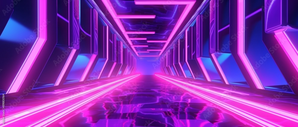 Futuristic hallway illuminated by pink and blue neon lights stretching into the distance Futuristic hallway illuminated by pink and blue neon lights stretching into the distance