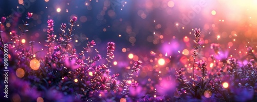 Banner Wild flower field in the night magical lights. Summer meadow. Fantastical fantasy background of magical purple dark night sky with shining bokeh lights copy, Generative AI
