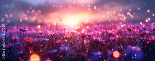 Banner Wild flower field in the night magical lights. Summer meadow. Fantastical fantasy background of magical purple dark night sky with shining bokeh lights copy, Generative AI