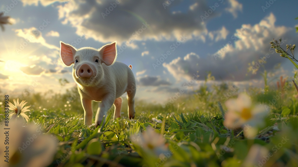 A cute baby pig running in in a meadow during the day with a beautiful skyscape; a spring background with copy space and sun rays A cute baby pig running in in a meadow during the day with a beautiful skyscape; a spring background with copy space and sun rays