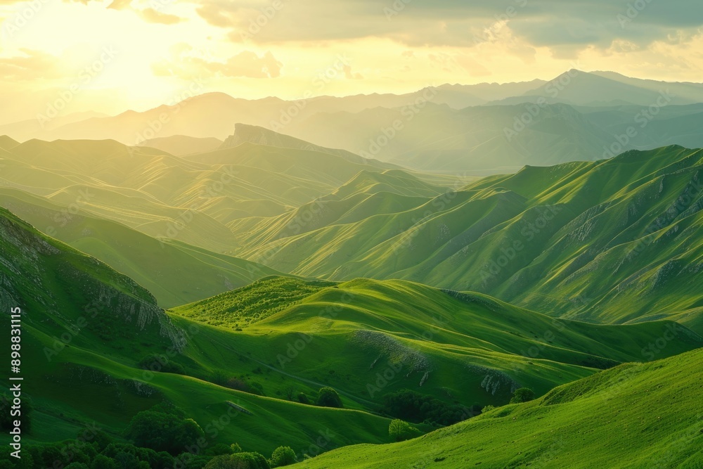 Naklejka premium A serene landscape with the sun setting behind rolling green hills