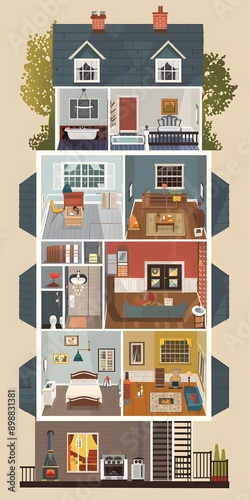 The Illustration of a Cross Section of a Home Showing All the Rooms Inside