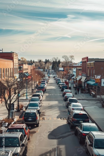 Fototapeta Naklejka Na Ścianę i Meble -  Small Town Parking Lot Along Main Street Shops and Diners, Local Community Charm