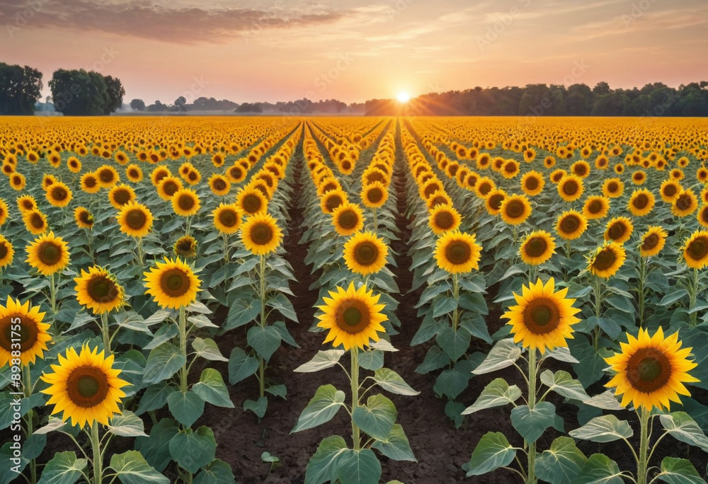 Fototapeta premium A sunflower field at sunrise. 