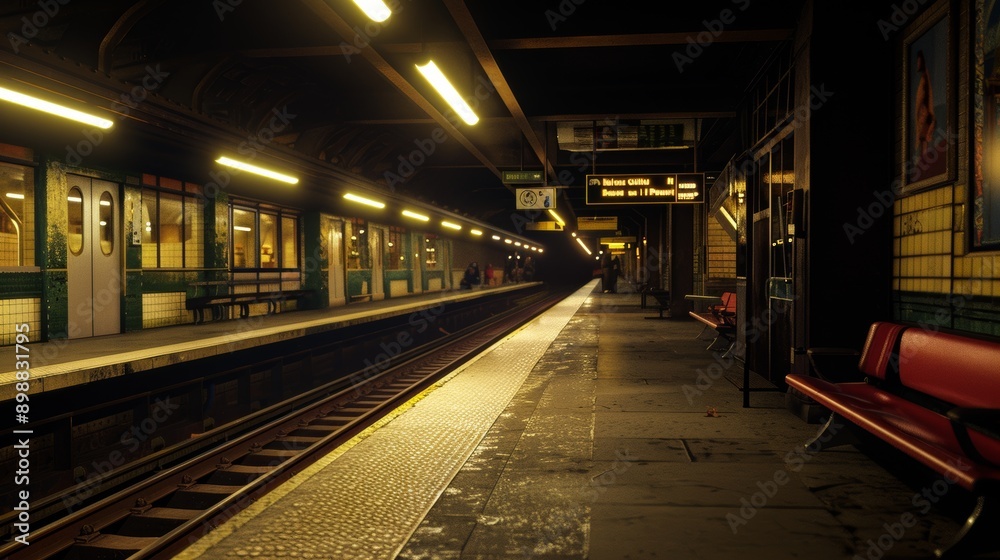 Peaceful Late-Night Subway Station with Minimal Passengers and Dim Lighting - Urban Transportation Scene Peaceful Late-Night Subway Station with Minimal Passengers and Dim Lighting - Urban Transportation Scene