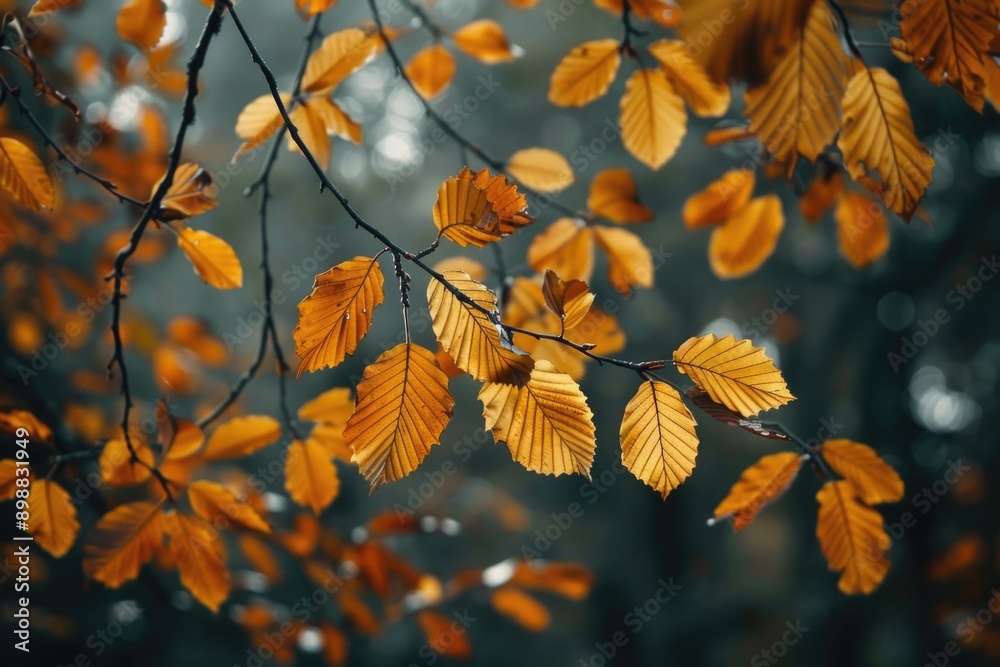 A detailed view of individual leaves on a tree branch, highlighting their texture and shape A detailed view of individual leaves on a tree branch, highlighting their texture and shape