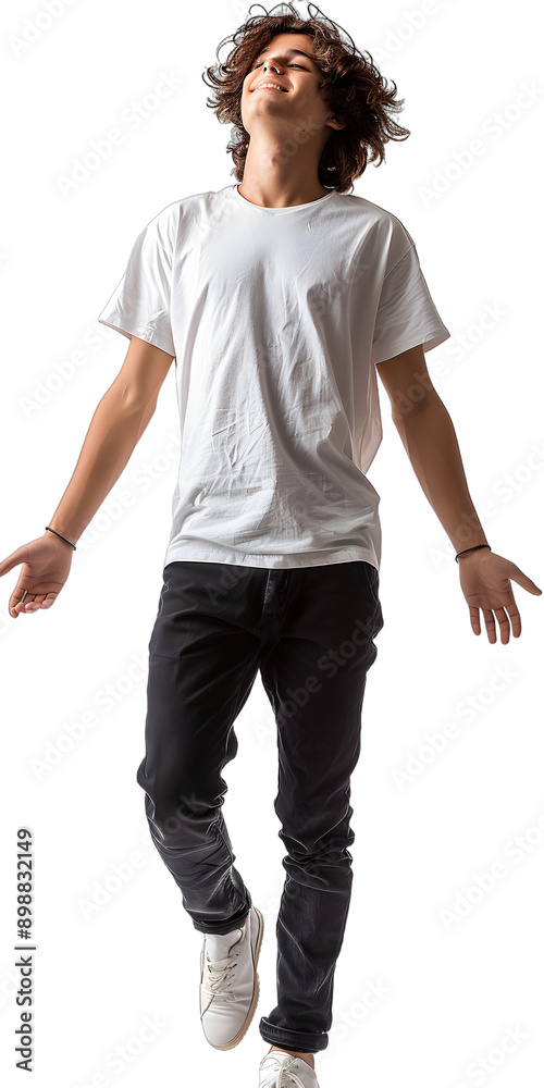 [Transparent Background PNG]a young man with curly hair is posing in a white shirt and black jeans