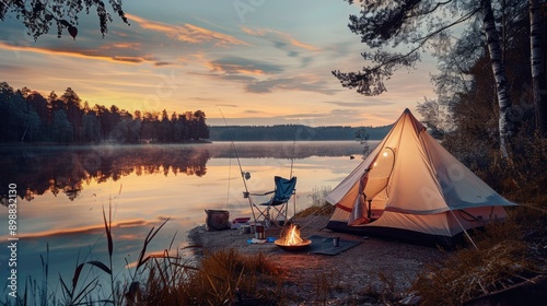 Lakeside camping with big white tent, gear like fishing rod, campfire setup, folding chairs, twilight sky reflection, serene scene. Big camping tent gears